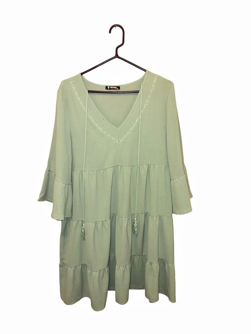 BTFBM Women Casual Babydoll Dresses V Neck Ruffle Bell Short Sleeve Tassel Draws